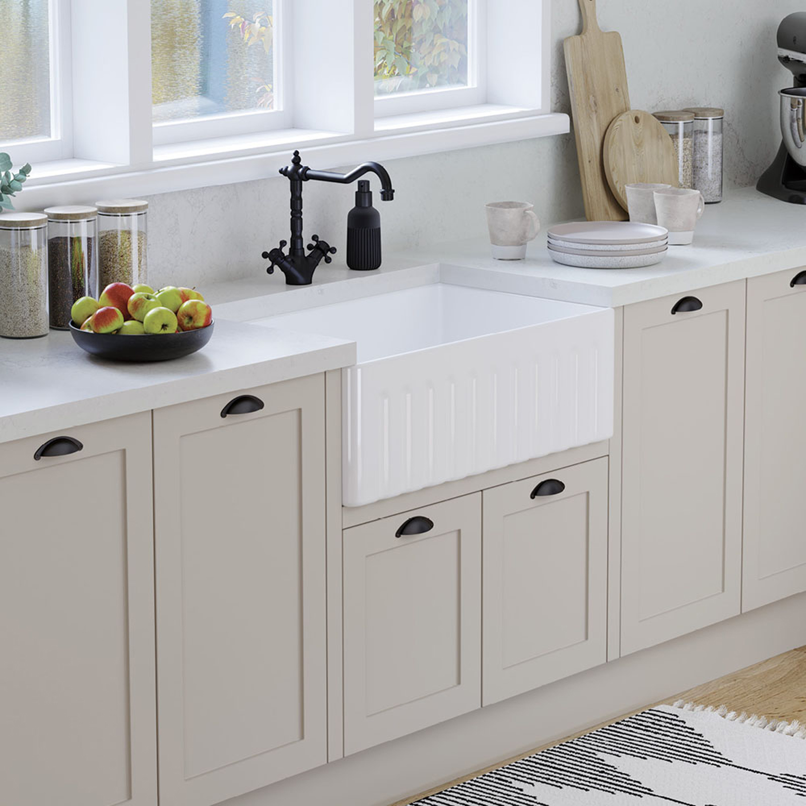 Ovia 760mm Single Bowl Fine Fireclay Farmhouse Kitchen Sink Gloss White - Image 3