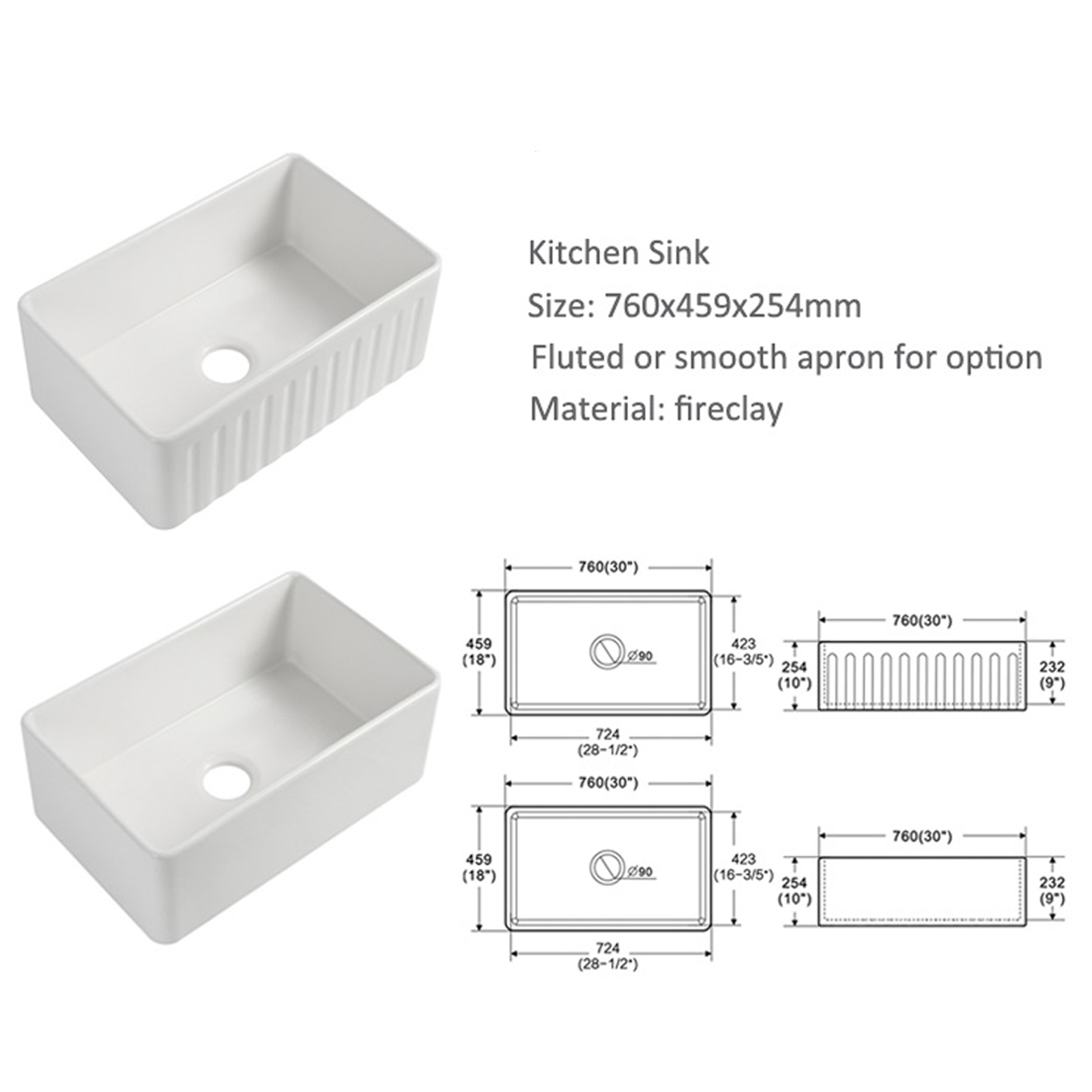 Ovia 760mm Single Bowl Fine Fireclay Farmhouse Kitchen Sink Gloss White - Image 2