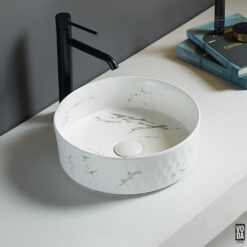 Ollia 360mm Round Diamond Texture Ceramic Above Counter Basin Matte Carrara White